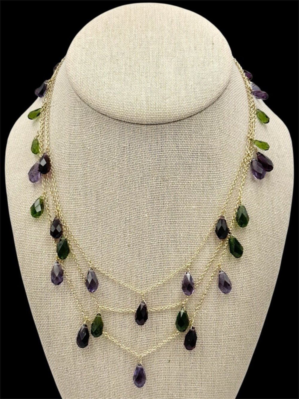 Ralph Lauren 3 Row Teardrop Dangle Beads Gold Tone Necklace